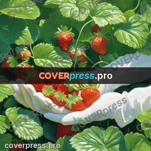 Gouache illustration: hands picking strawberries