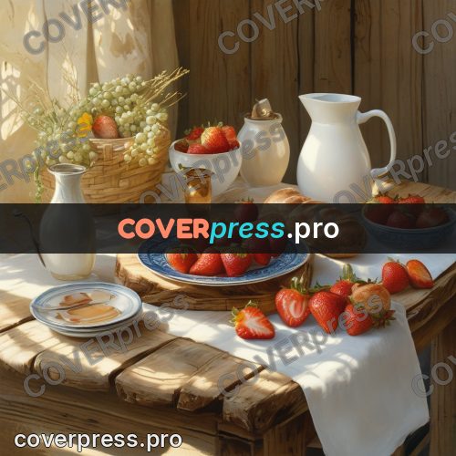 Gouache illustration: strawberries and jug on a table
