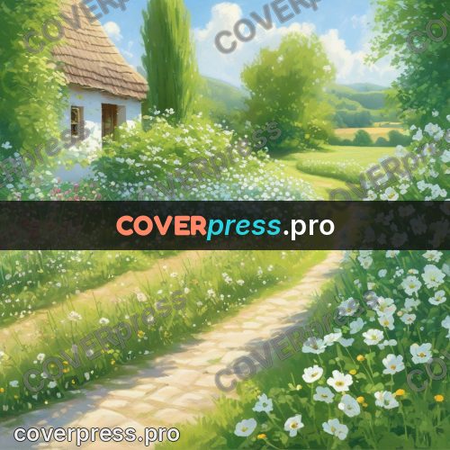 Gouache illustration: path through a flowering garden
