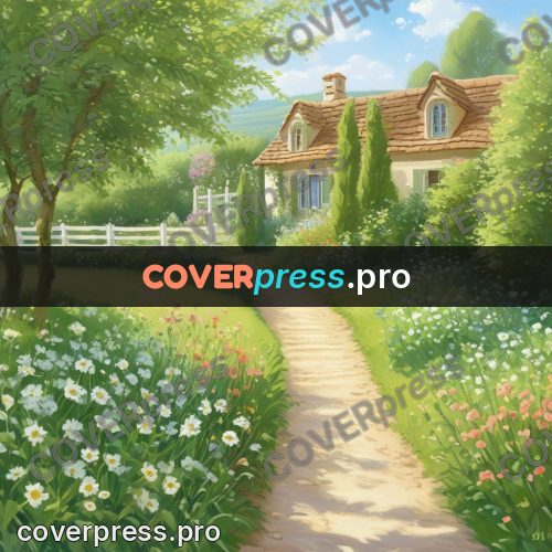 Gouache illustration: path through a flowering garden