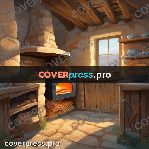Gouache illustration: village oven in a kitchen