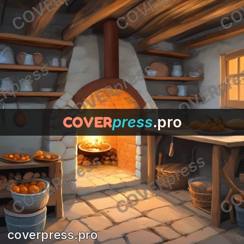 Gouache illustration: village oven in a kitchen