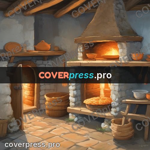 Gouache illustration: village oven in a kitchen