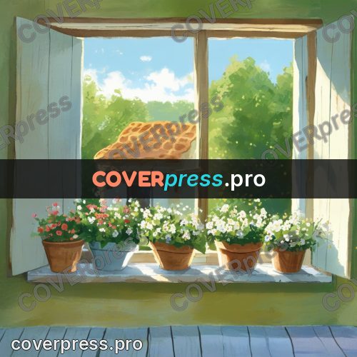Gouache illustration: window with potted flowers