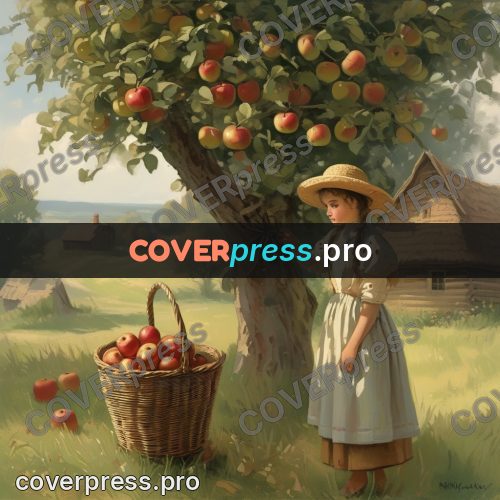 Gouache illustration: girl with a basket of apples