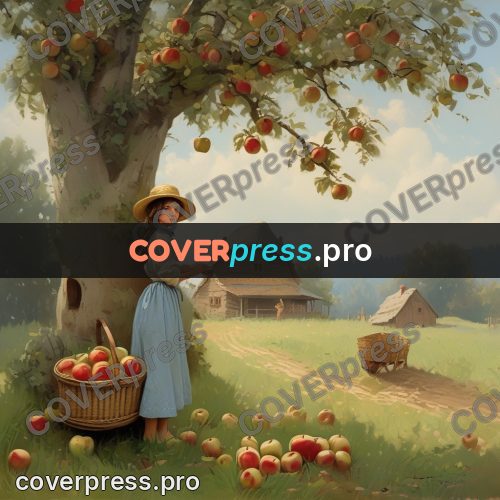 Gouache illustration: girl with a basket of apples