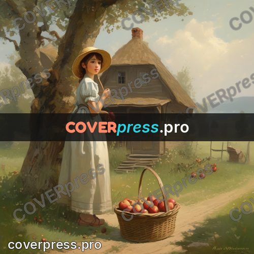 Gouache illustration: girl with a basket of apples