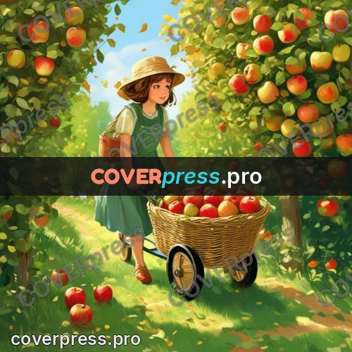 Gouache illustration: cart of apples in an orchard