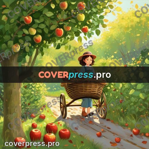 Gouache illustration: cart of apples in an orchard
