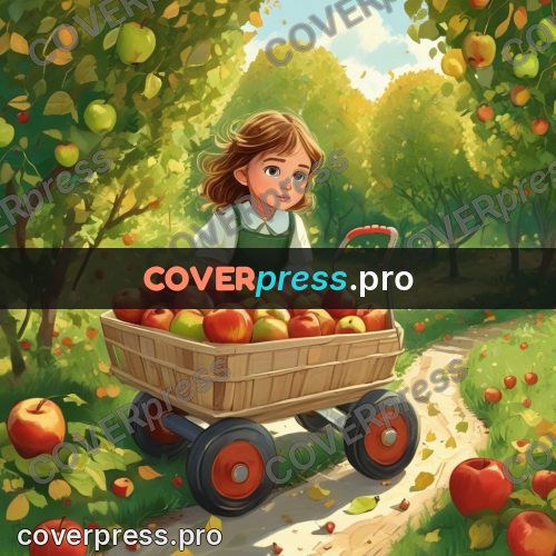 Gouache illustration: cart of apples in an orchard