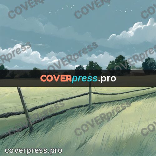 Gouache illustration: field with a fence under clouds