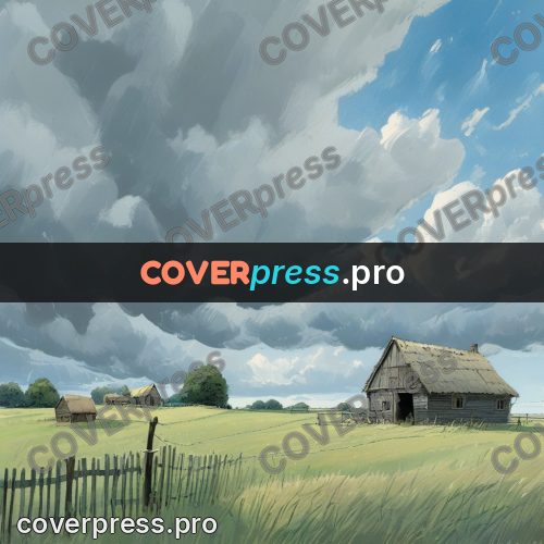 Gouache illustration: field with a fence under clouds