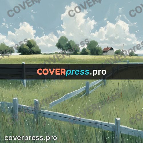 Gouache illustration: field with a fence under clouds