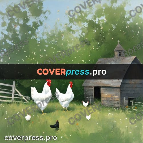 Gouache illustration: hens by a wooden barn