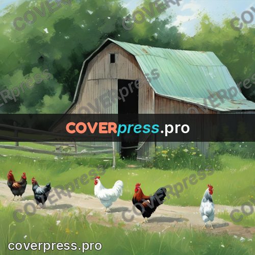 Gouache illustration: hens by a wooden barn