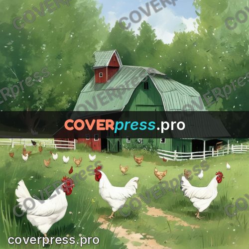 Gouache illustration: hens by a wooden barn