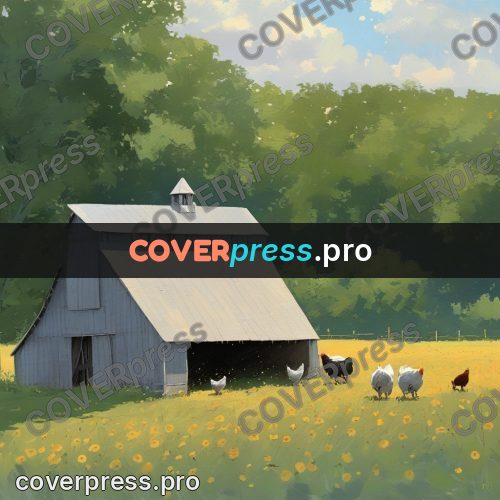Gouache illustration: hens by a wooden building