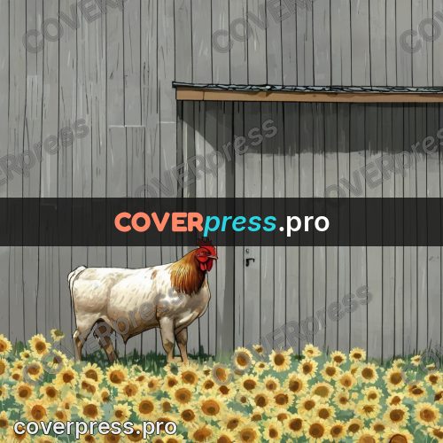 Gouache illustration: hens by a wooden building