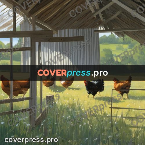 Gouache illustration: hens by a wooden building