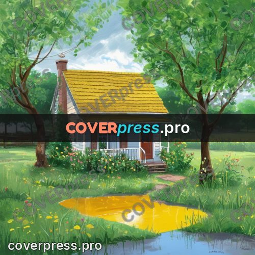 Gouache illustration: house in a garden after rain