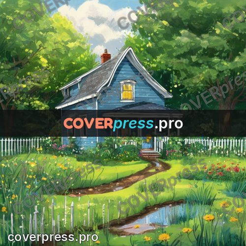 Gouache illustration: house in a garden after rain
