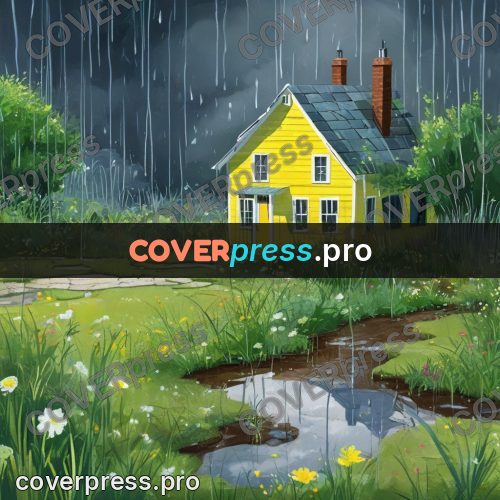 Gouache illustration: house in a garden after rain