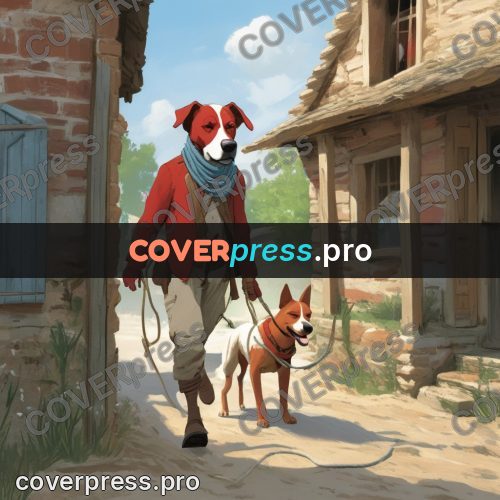 Gouache illustration: red dog on a village street