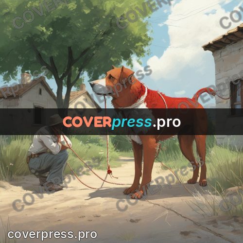 Gouache illustration: red dog on a village street