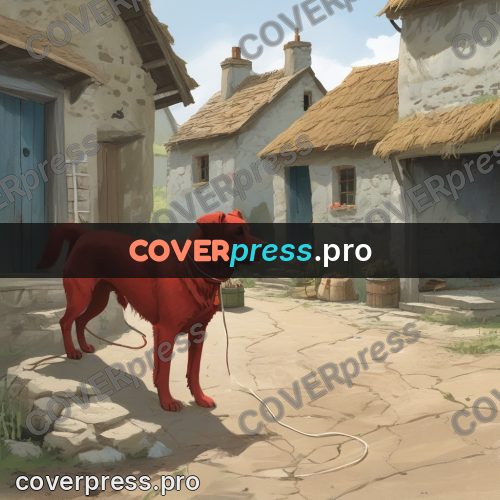 Gouache illustration: red dog on a village street