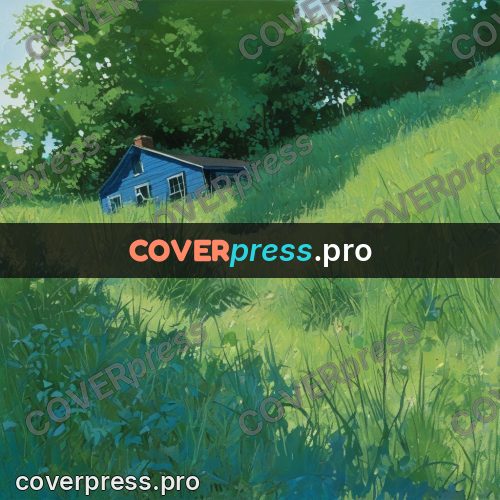 Gouache illustration: house in tall grass