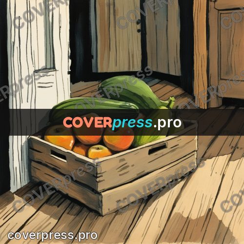 Gouache illustration: crate of vegetables in a hallway