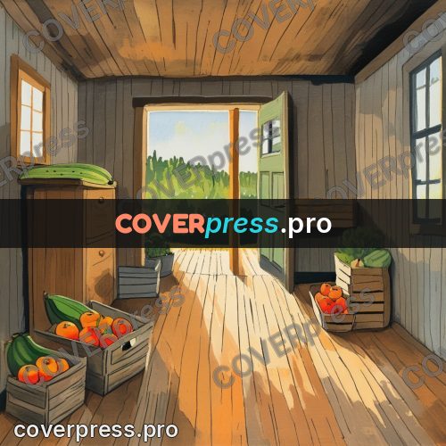 Gouache illustration: crate of vegetables in a hallway