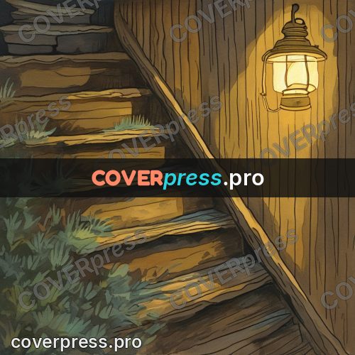 Gouache illustration: wooden steps by a lantern