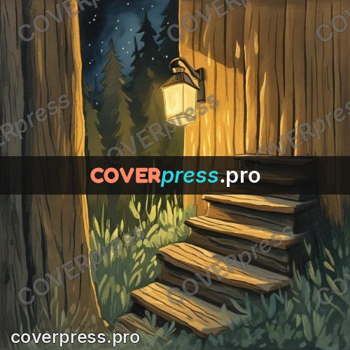 Gouache illustration: wooden steps by a lantern