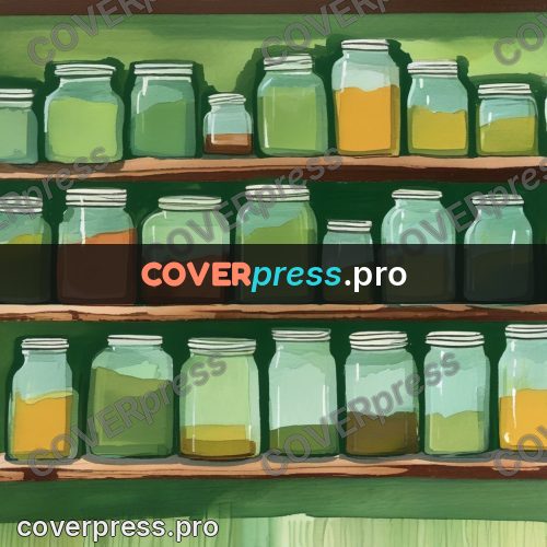 Gouache illustration: jars on wooden shelves