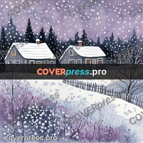Gouache illustration: village in a snowfall