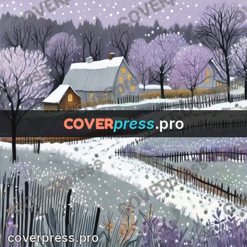 Gouache illustration: village in a snowfall