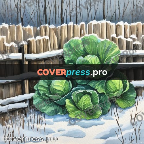 Gouache illustration: cabbages in the snow