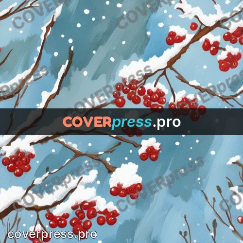 Gouache illustration: red berries on a snowy branch