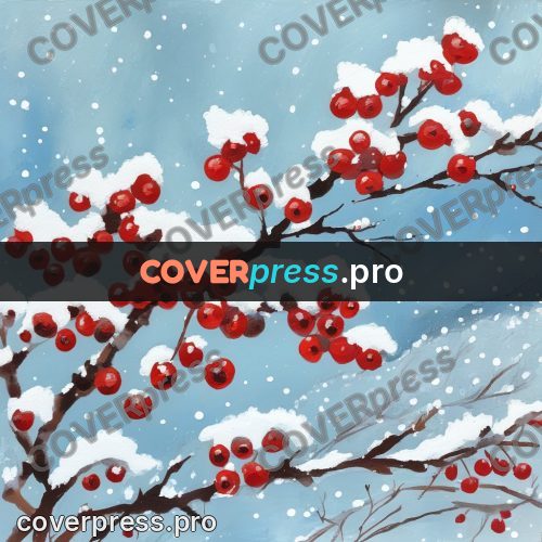Gouache illustration: red berries on a snowy branch