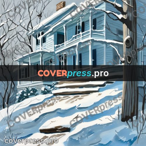 Gouache illustration: footprints in snow by a house