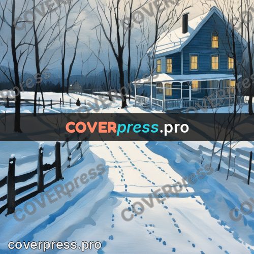 Gouache illustration: footprints in snow by a house