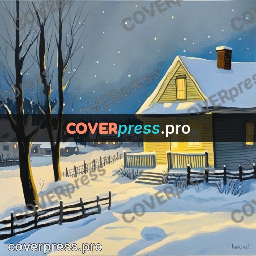 Gouache illustration: yellow house in snow at dusk