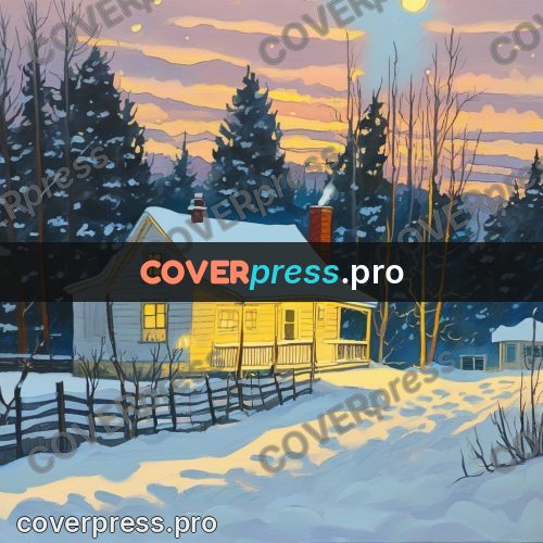 Gouache illustration: yellow house in snow at dusk