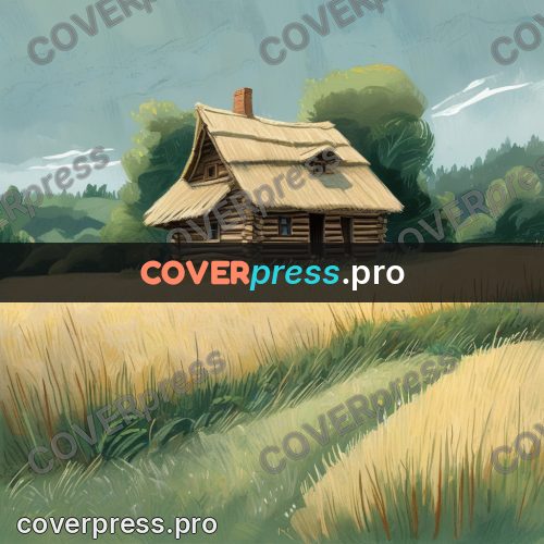 Gouache illustration: log hut with a thatched roof