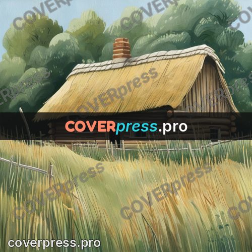 Gouache illustration: log hut with a thatched roof