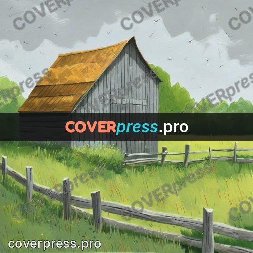 Gouache illustration: grey barn in a field