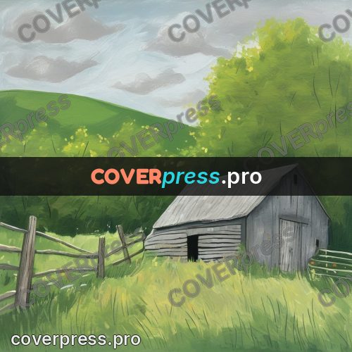 Gouache illustration: grey barn in a field