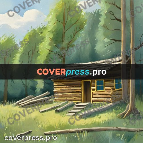 Gouache illustration: log cabin in the forest