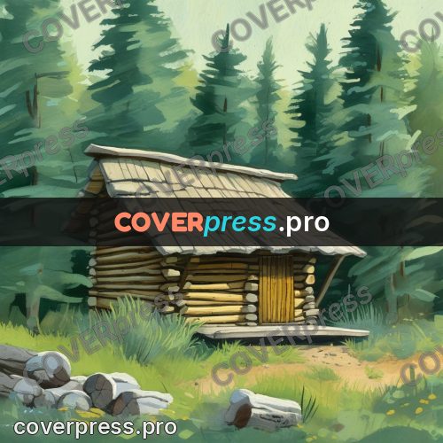 Gouache illustration: log cabin in the forest